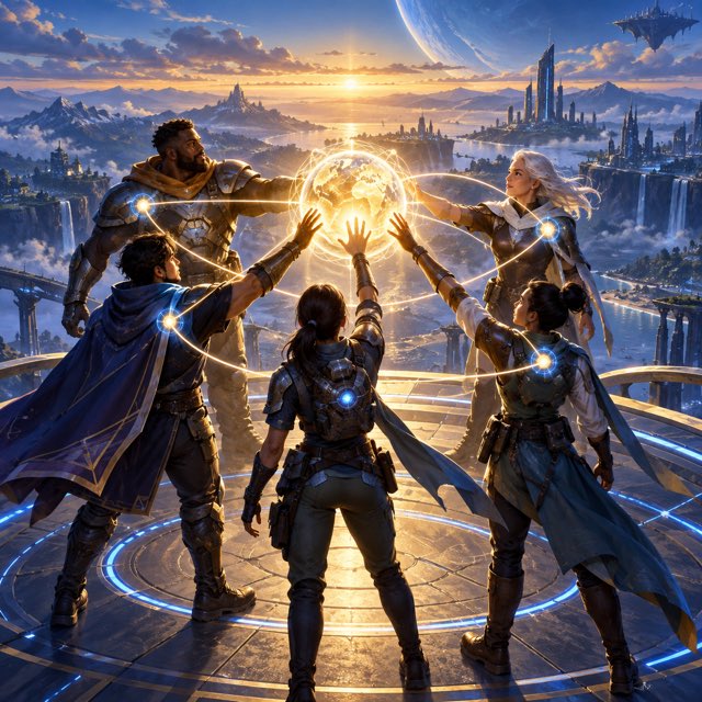 A party of adventurers reaching toward a shared light